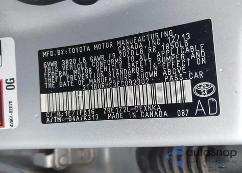 2014 Toyota Corolla Le z USA, uszkodzony, nr VIN 2T1BURHE3EC092302